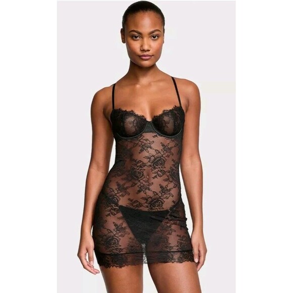 Victoria’s Secret Sexy Bustier Teddy Slip Dress Womens XL Black Lace Stretch - Picture 2 of 8